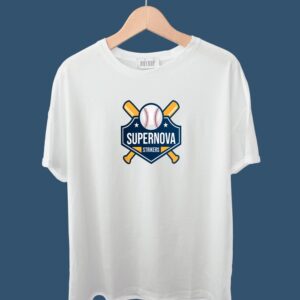 White Oversized Printed T-Shirt with "Supernova Baseball" - a must-have for baseball fans.